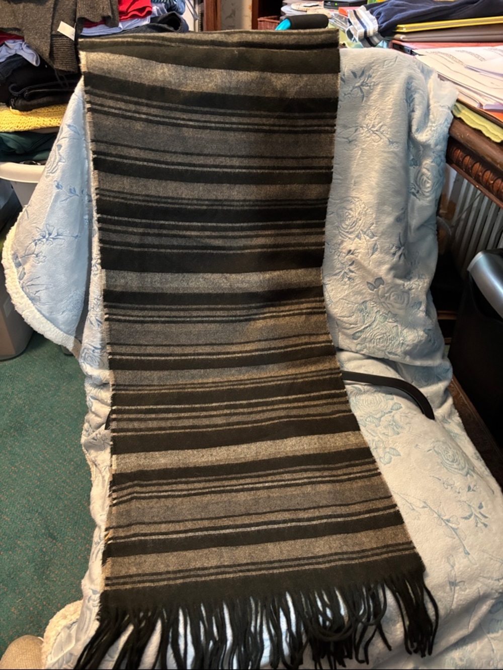 Striped Fringe Scarf in Black and Gray by Idea Nuova